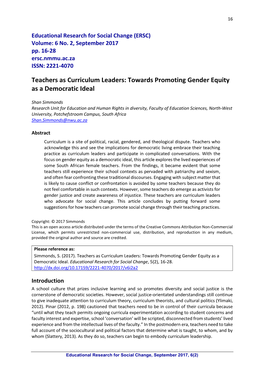 Teachers As Curriculum Leaders: Towards Promoting Gender Equity As a Democratic Ideal