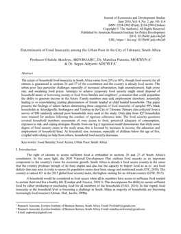 Determinants of Food Insecurity Among the Urban Poor in the City of Tshwane, South Africa