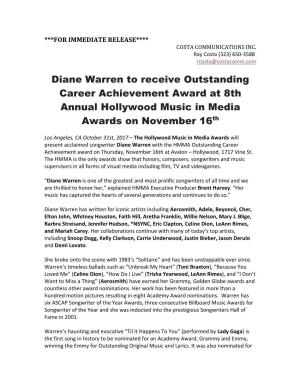 Diane Warren to Receive Outstanding Career Achievement Award at 8Th Annual Hollywood Music in Media Awards on November 16Th