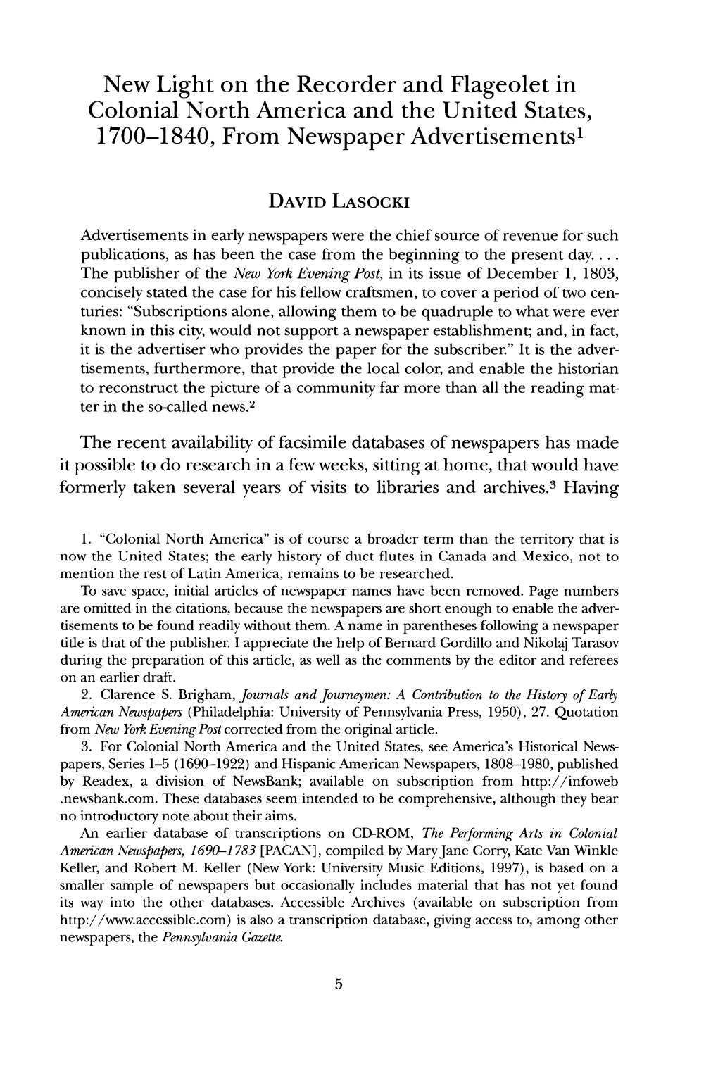 New Light on the Recorder and Flageolet in Colonial North America and the United States, 1700-1840, from Newspaper Advertisements!