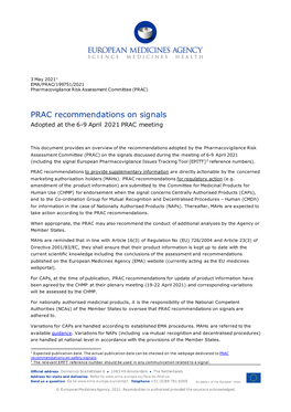 PRAC Recommendations on Signals Adopted at the 6-9 April 2021 PRAC En