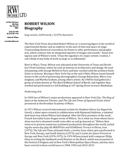 ROBERT WILSON Biography Long Version, 2,018 Words / 12,974 Characters