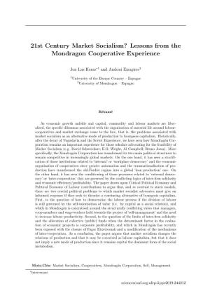 21St Century Market Socialism? Lessons from the Mondragon Cooperative Experience