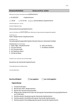 Anwesenheitsliste Niederschrift Nr