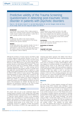 Predictive Validity of the Trauma Screening Questionnaire in Detecting Post-Traumatic Stress Disorder in Patients with Psychotic Disorders Paul A