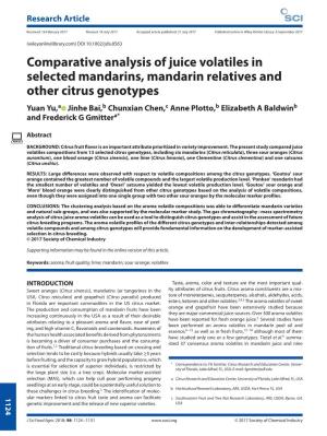 Comparative Analysis of Juice Volatiles in Selected Mandarins, Mandarin Relatives and Other Citrus Genotypes