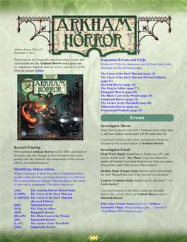 Arkham Horror FAQ V2.0 December 5, 2012