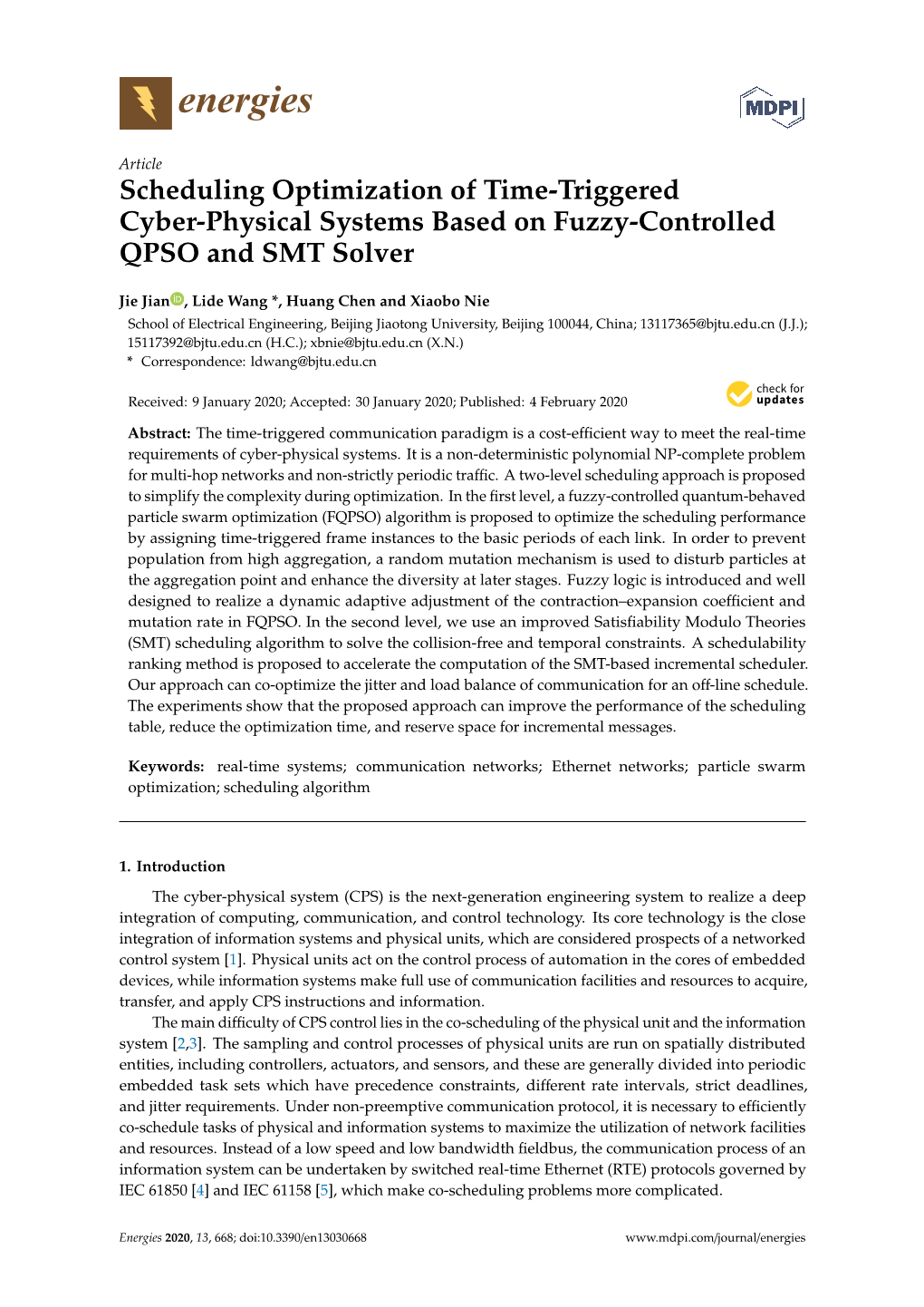 Scheduling Optimization of Time-Triggered Cyber-Physical Systems Based on Fuzzy-Controlled QPSO and SMT Solver