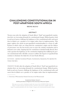 Challenging Constitutionalism in Post-Apartheid South Africa Heinz Klug1