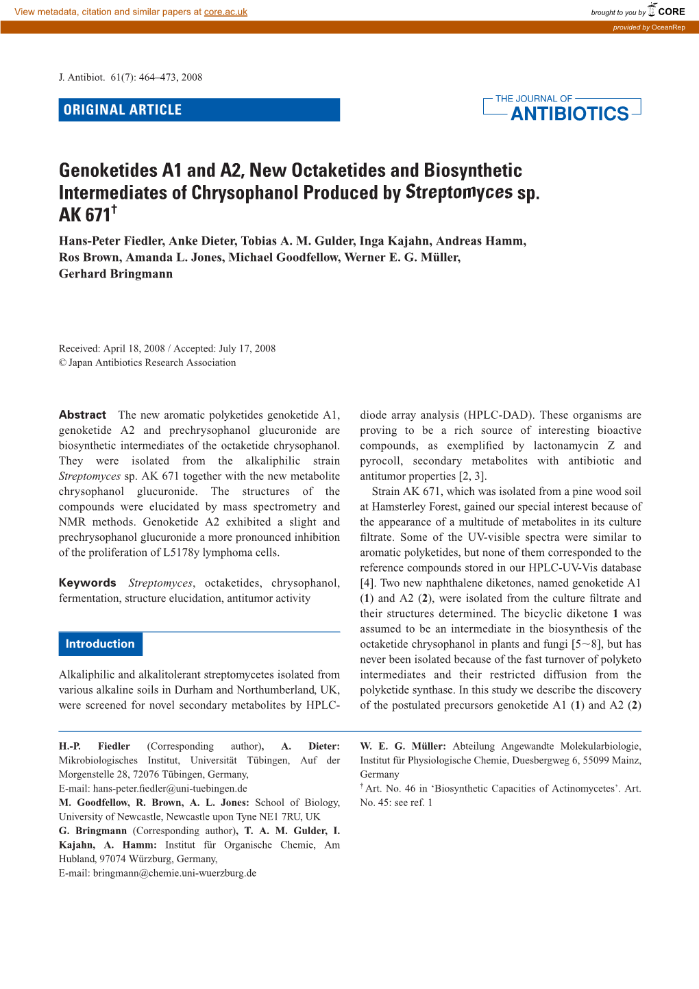 Genoketides A1 and A2, New Octaketides and Biosynthetic Intermediates of Chrysophanol Produced by Streptomyces Sp