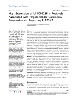 High Expression of LINC01268 Is Positively Associated with Hepatocellular Carcinoma Progression Via Regulating MAP3K7