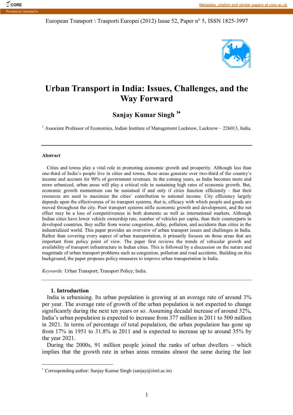 Urban Transport in India: Issues, Challenges, and the Way Forward