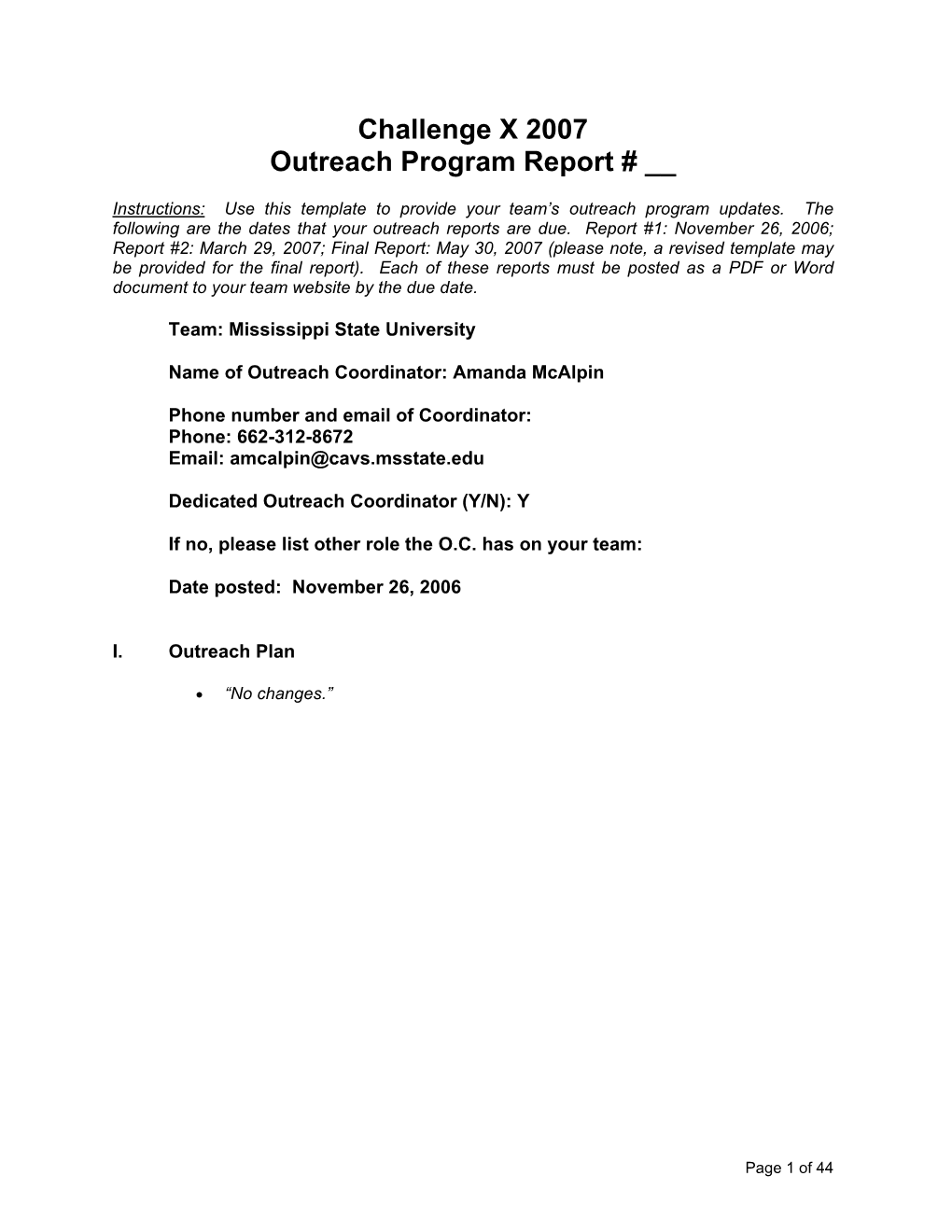 Challenge X 2007 Outreach Program Report # __