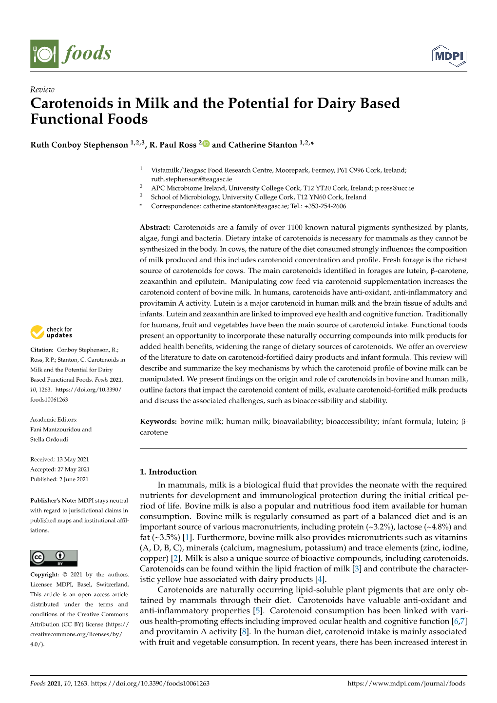 Carotenoids in Milk and the Potential for Dairy Based Functional Foods