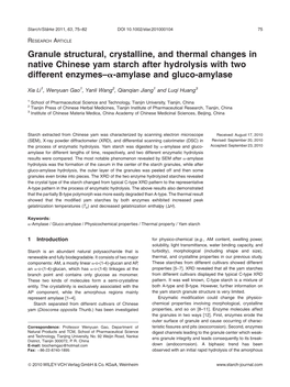 Granule Structural, Crystalline, and Thermal Changes in Native Chinese Yam Starch After Hydrolysis with Two Different Enzymes–A-Amylase and Gluco-Amylase