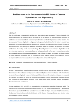 Decisions Made on the Development of the Hill Station of Cameron Highlands from 1884 Till Present Day