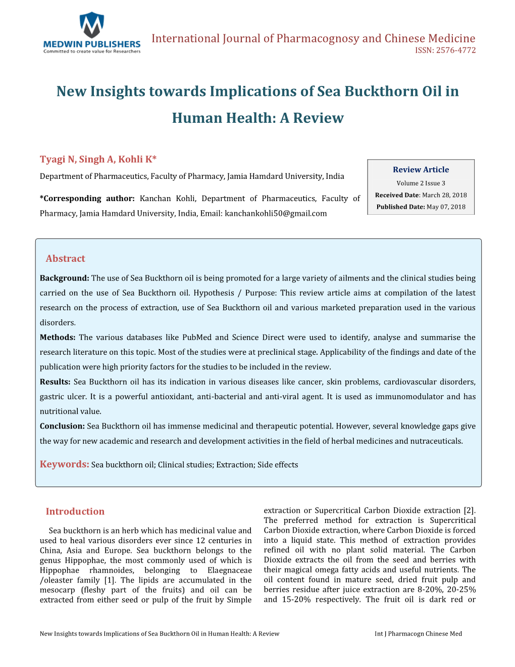 New Insights Towards Implications of Sea Buckthorn Oil Inâ Human Health