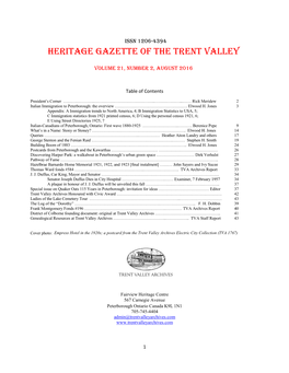 Hheritage Gazette of the Trent Valley, Vol. 20, No. 2 August 2015Eritage