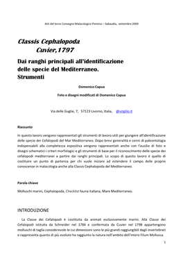 Classis Cephalopoda Cuvier,1797 Dai Ranghi Principali All’Identificazione Delle Specie Del Mediterraneo