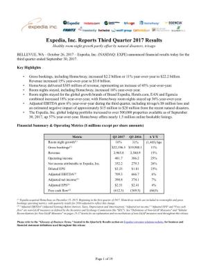 Expedia, Inc. Reports Third Quarter 2017 Results Healthy Room Night Growth Partly Offset by Natural Disasters, Trivago