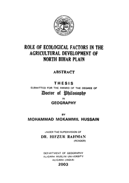Role of Ecological Factors in the Agricultural Development of North Bihar Plain