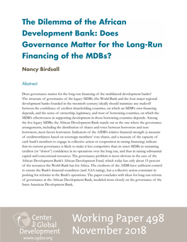 The Dilemma of the African Development Bank: Does Governance Matter for the Long-Run Financing of the Mdbs?