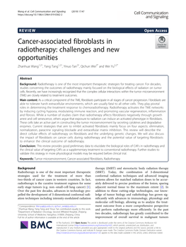 Cancer-Associated Fibroblasts in Radiotherapy: Challenges and New Opportunities Zhanhuai Wang1,2†, Yang Tang1,2†, Yinuo Tan2†, Qichun Wei3* and Wei Yu3,2*