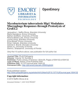 Mycobacterium Tuberculosis Hip1 Modulates Macrophage Responses Through Proteolysis of Groel2 Jacqueline L