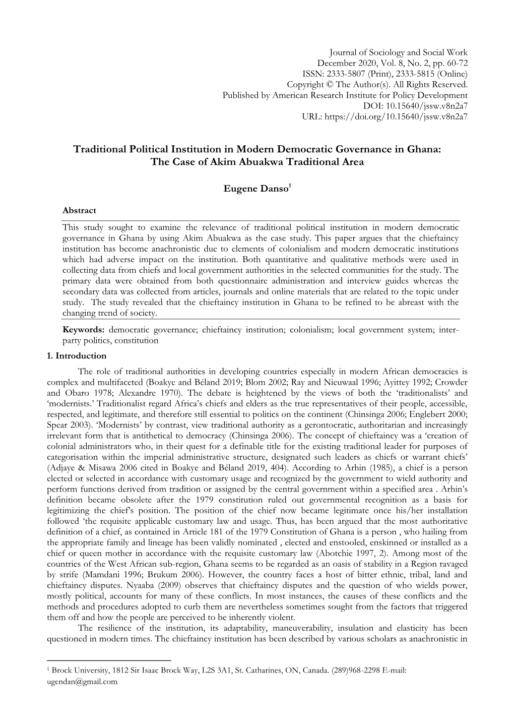 Traditional Political Institution in Modern Democratic Governance in Ghana: the Case of Akim Abuakwa Traditional Area