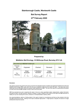 Stainborough Castle, Wentworth Castle Bat Survey Report 27Th