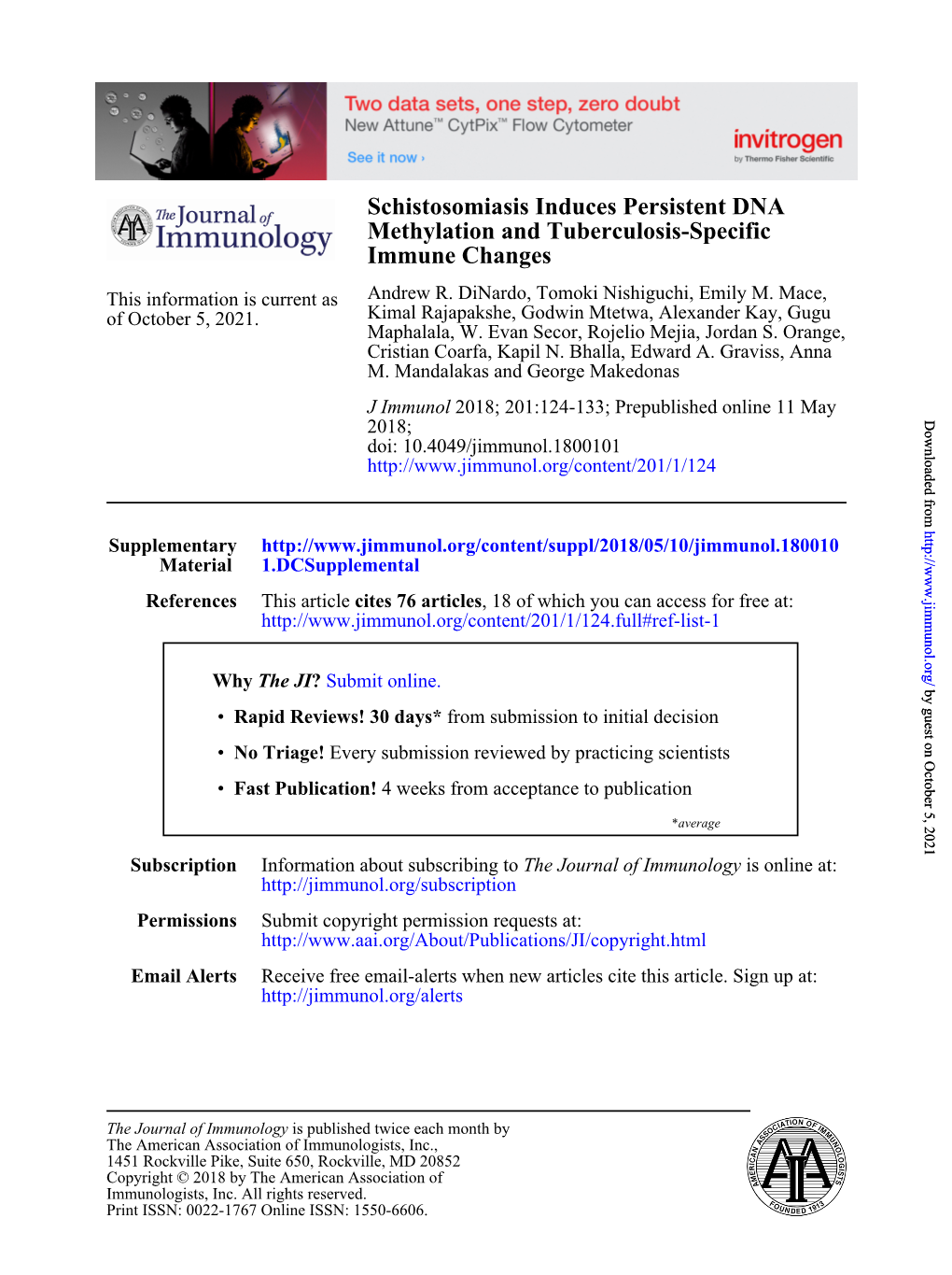 Schistosomiasis Induces Persistent DNA Methylation and Tuberculosis-Specific Immune Changes