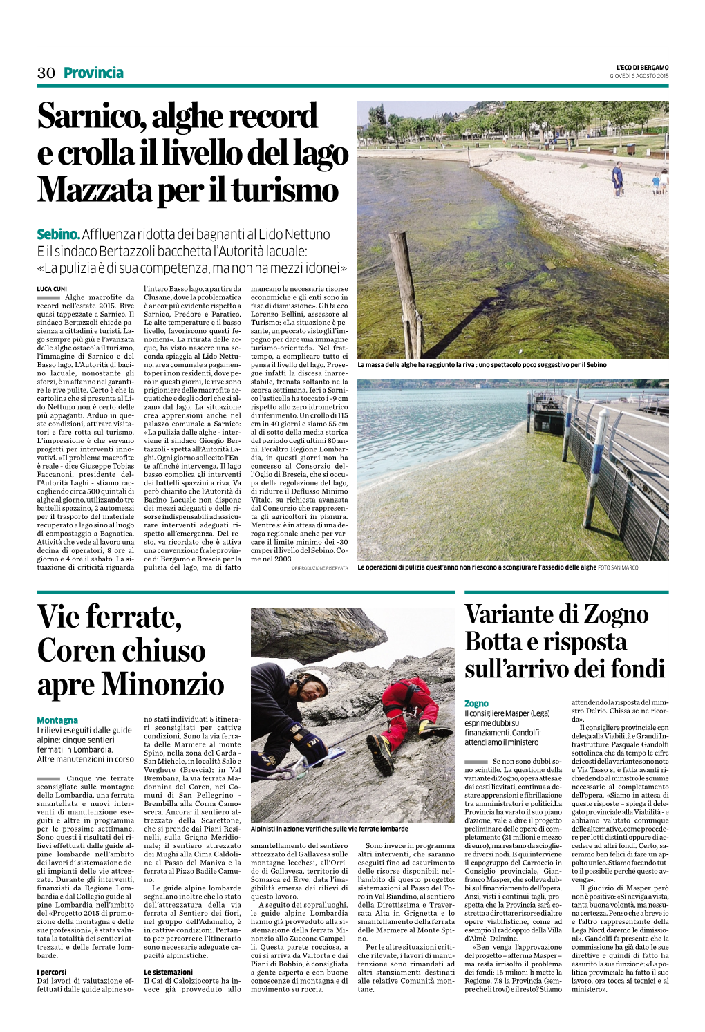 Sarnico, Alghe Record E Crolla Il Livello Del Lago Mazzata Per Il Turismo