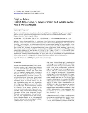 Original Article RAD51 Gene 135G/C Polymorphism and Ovarian Cancer Risk: a Meta-Analysis