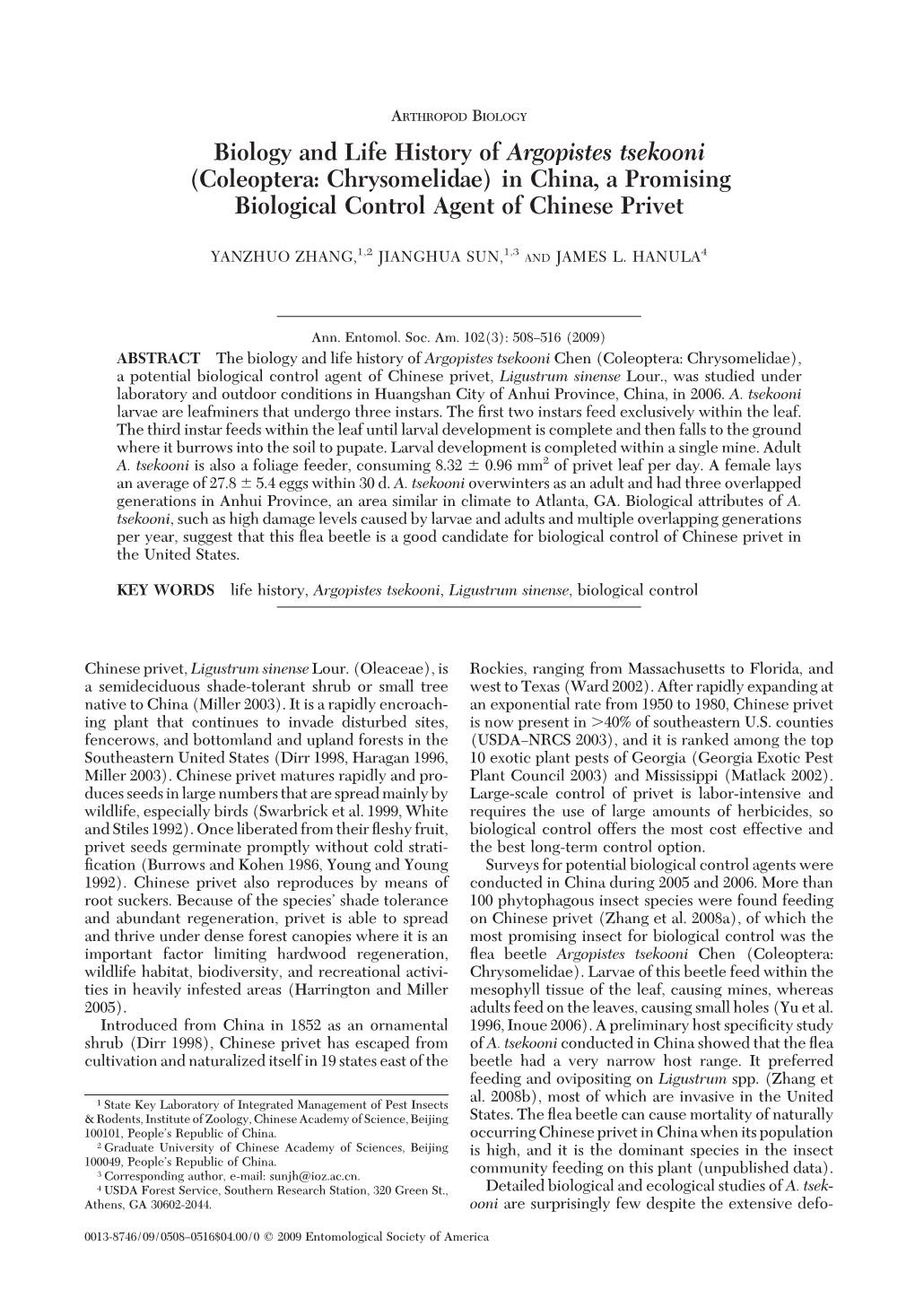 Biology and Life History of Argopistes Tsekooni (Coleoptera: Chrysomelidae) in China, a Promising Biological Control Agent of Chinese Privet