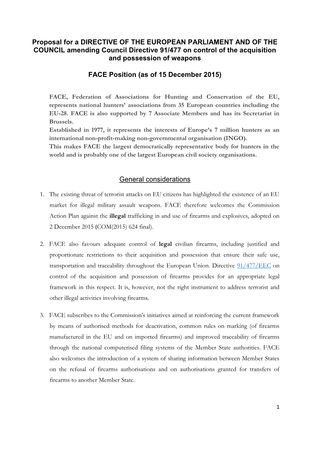FACE Position with AM on Firearms Directive 15 Dec2015