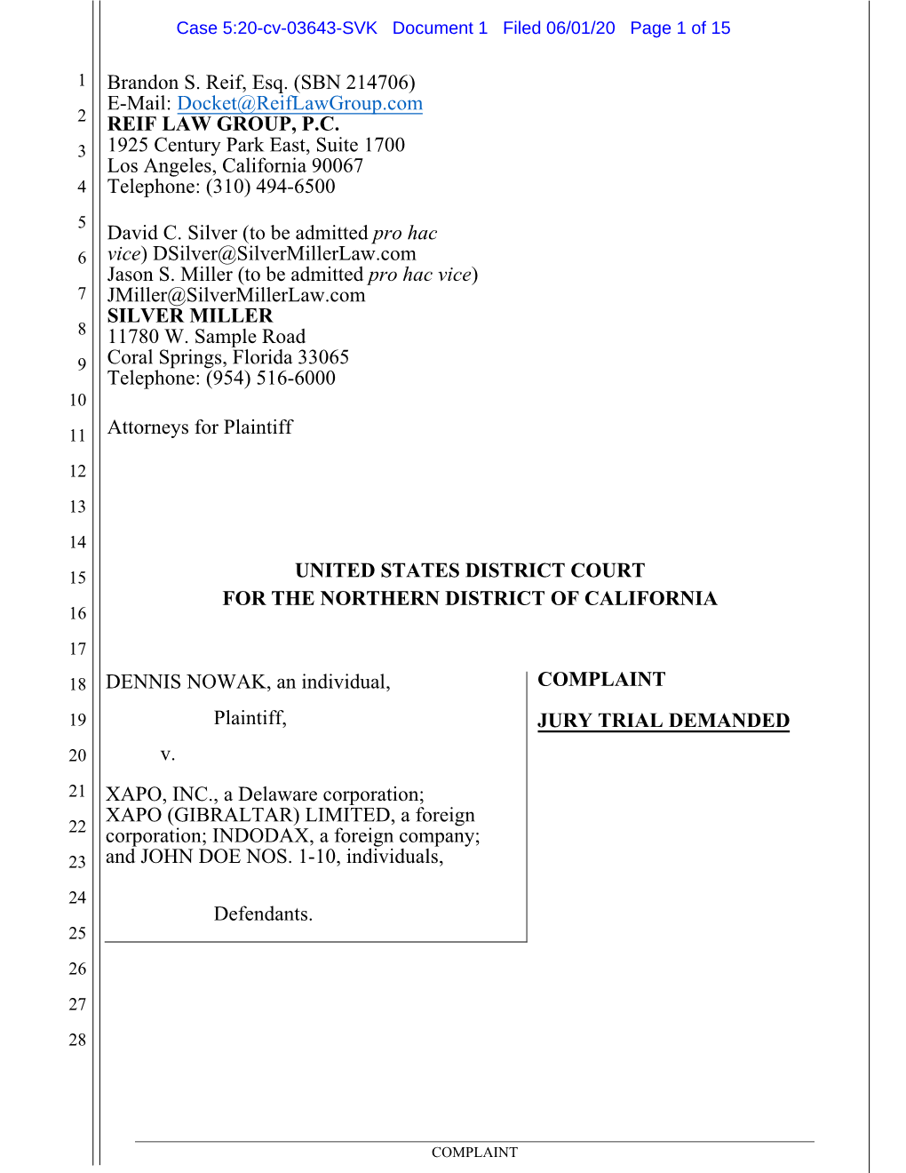 Brandon S. Reif, Esq. (SBN 214706) E-Mail: Docket@Reiflawgroup.Com 2 REIF LAW GROUP, P.C