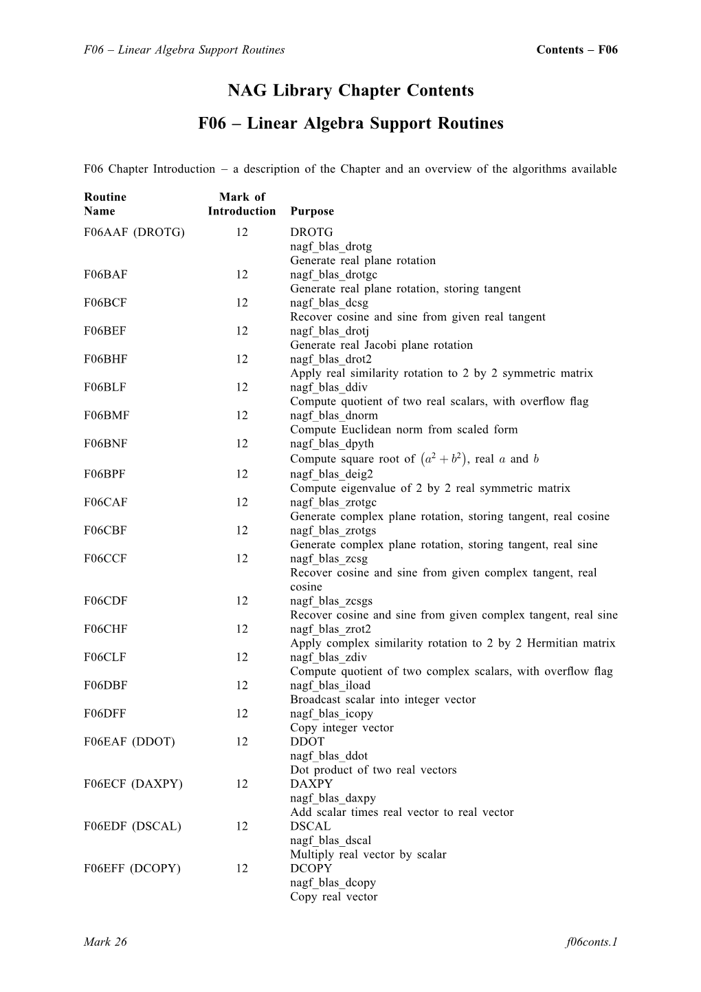 NAG Library Chapter Contents F06 – Linear Algebra Support Routines