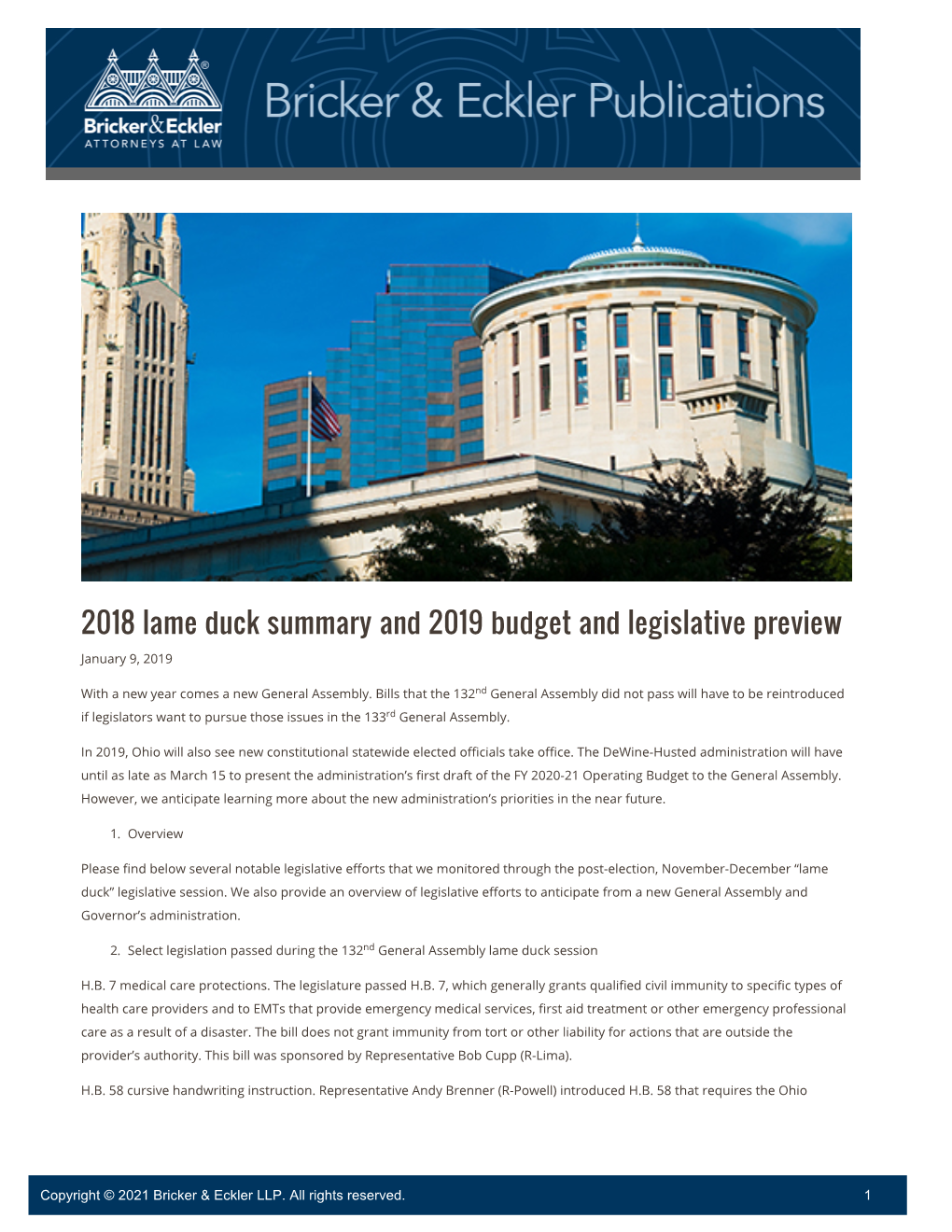 2018 Lame Duck Summary and 2019 Budget and Legislative Preview