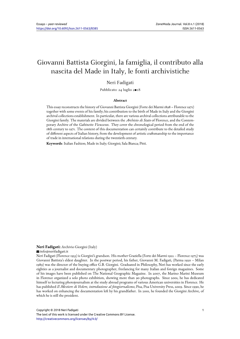 Giovanni Battista Giorgini, La Famiglia, Il Contributo Alla Nascita Del Made in Italy, Le Fonti Archivistiche