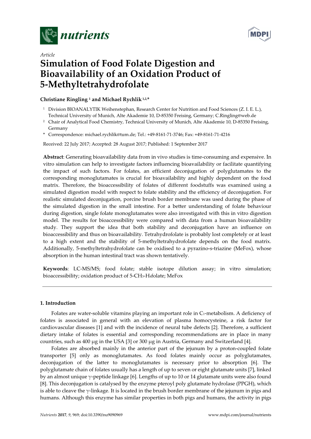 Simulation of Food Folate Digestion and Bioavailability of an Oxidation Product of 5-Methyltetrahydrofolate