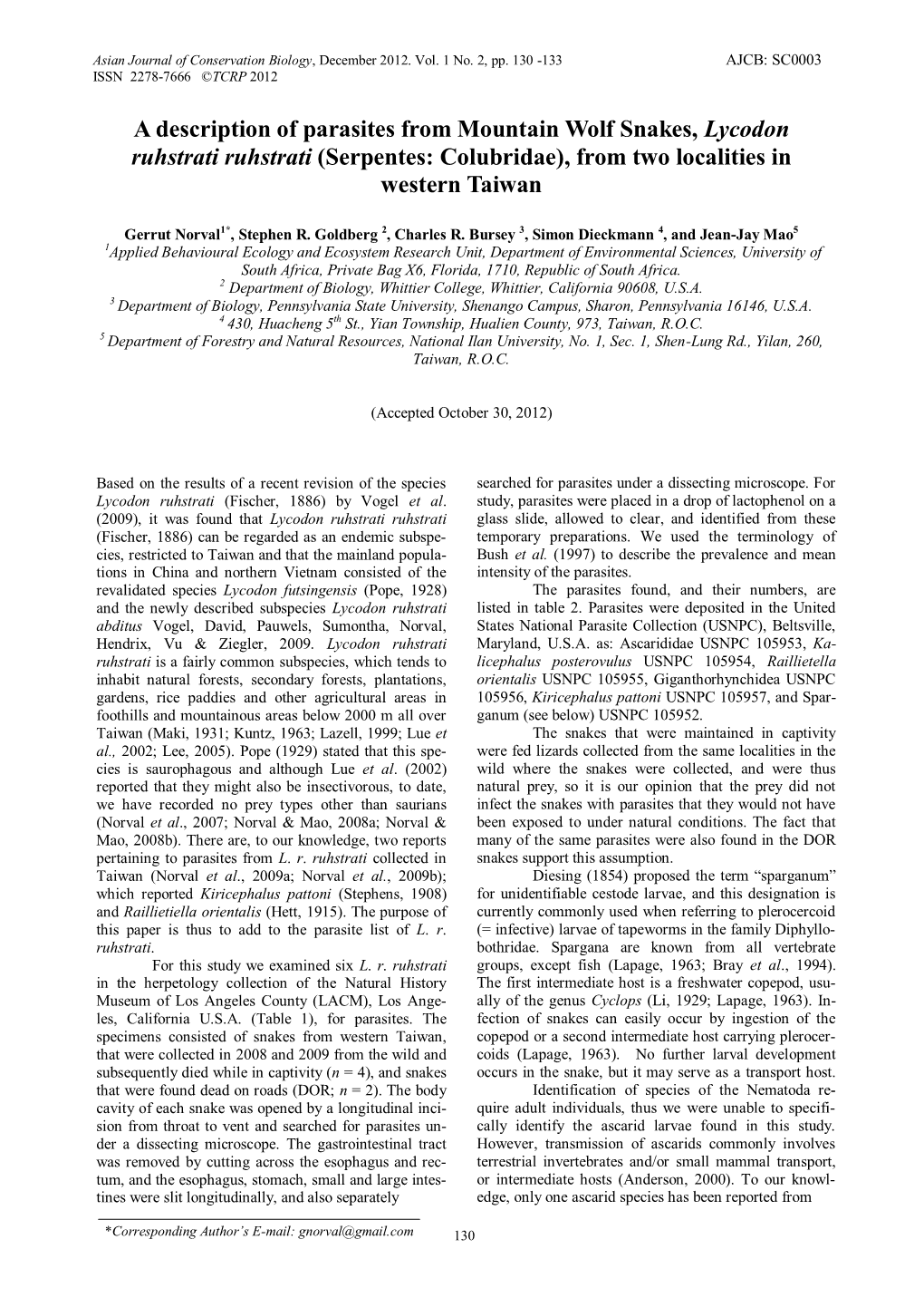 A Description of Parasites from Mountain Wolf Snakes, Lycodon Ruhstrati Ruhstrati (Serpentes: Colubridae), from Two Localities in Western Taiwan