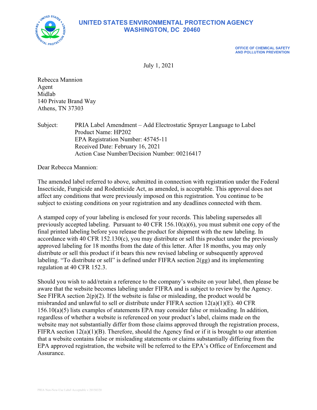 US EPA, Pesticide Product Label, HP2O2,07/01/2021