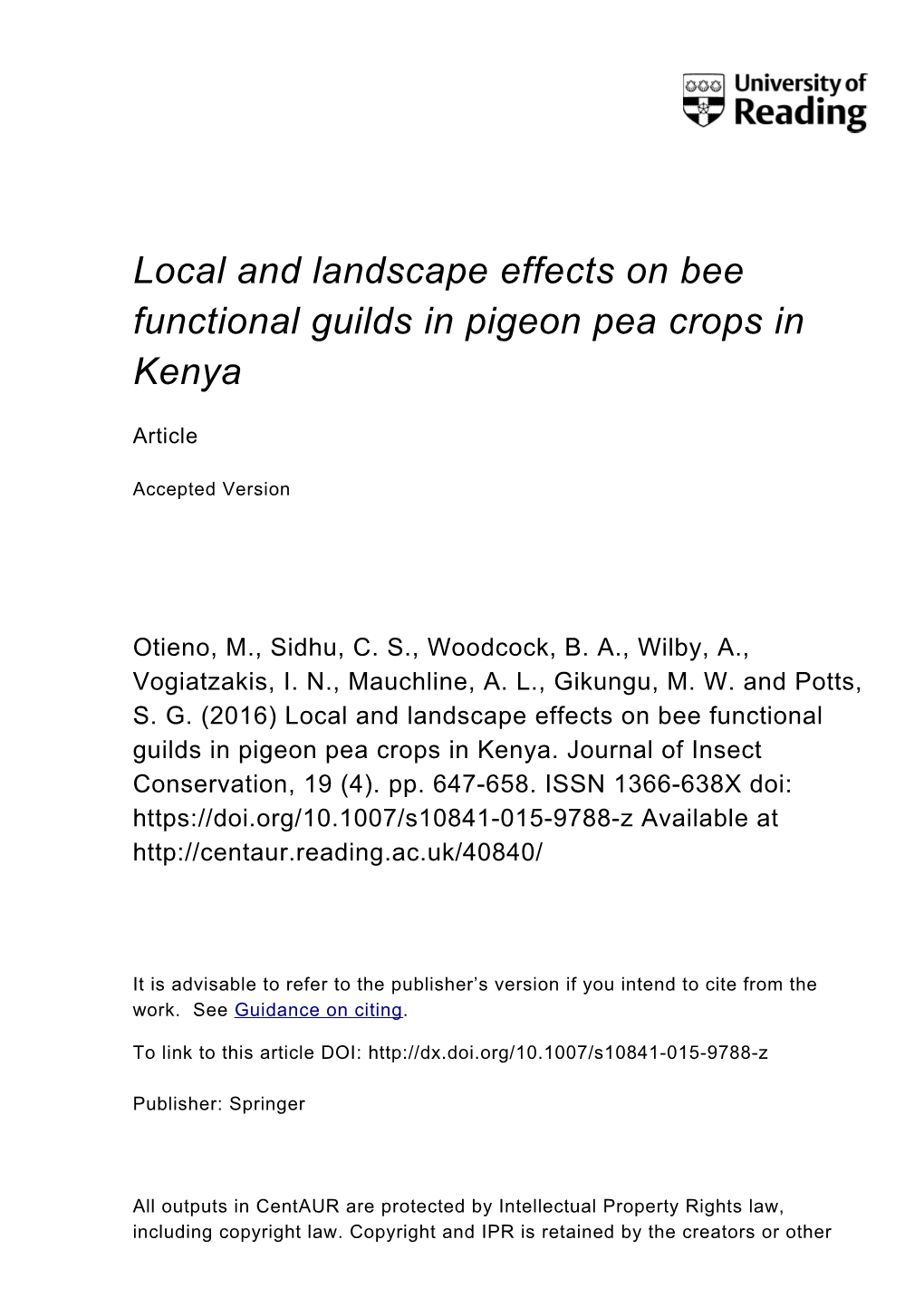 Local and Landscape Effects on Bee Functional Guilds in Pigeon Pea Crops in Kenya