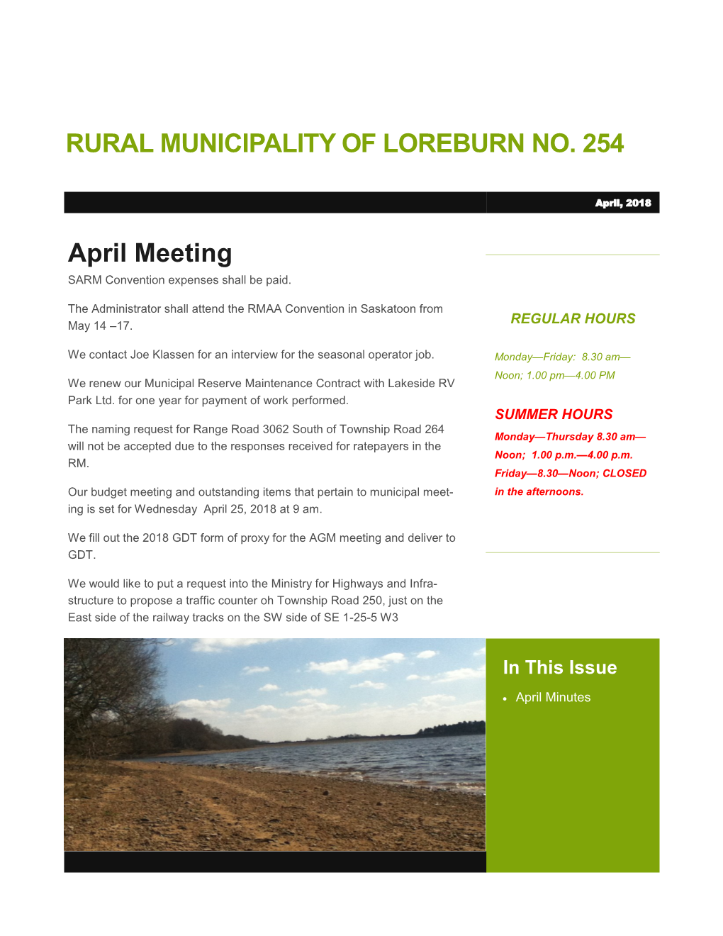 RURAL MUNICIPALITY of LOREBURN NO. 254 April Meeting