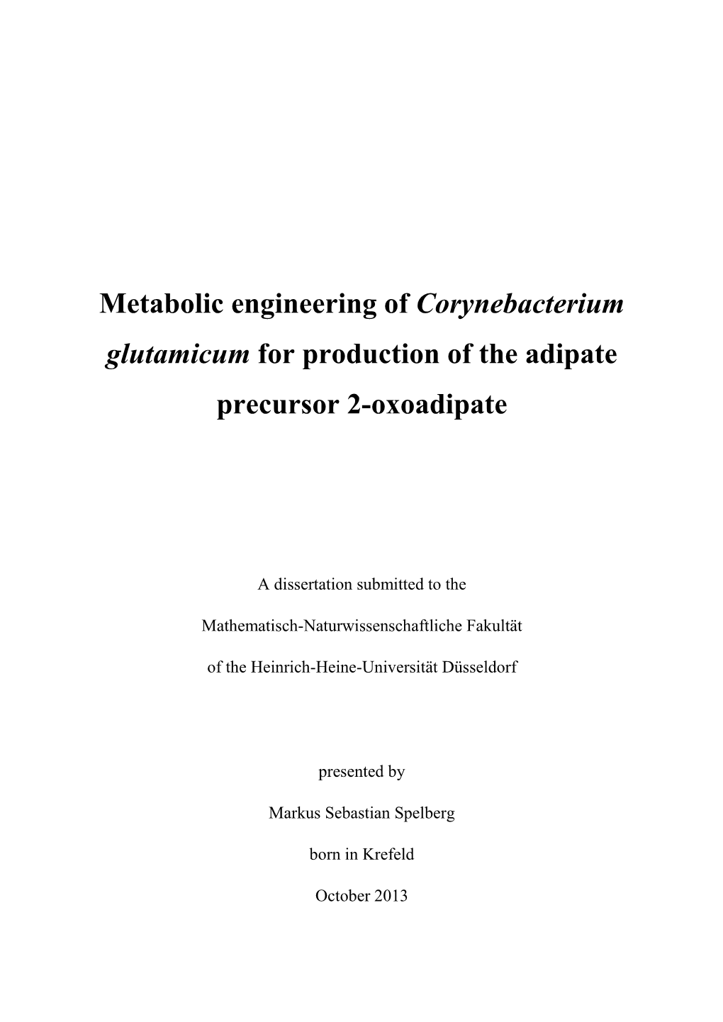 Metabolic Engineering of Corynebacterium Glutamicum for Production of the Adipate