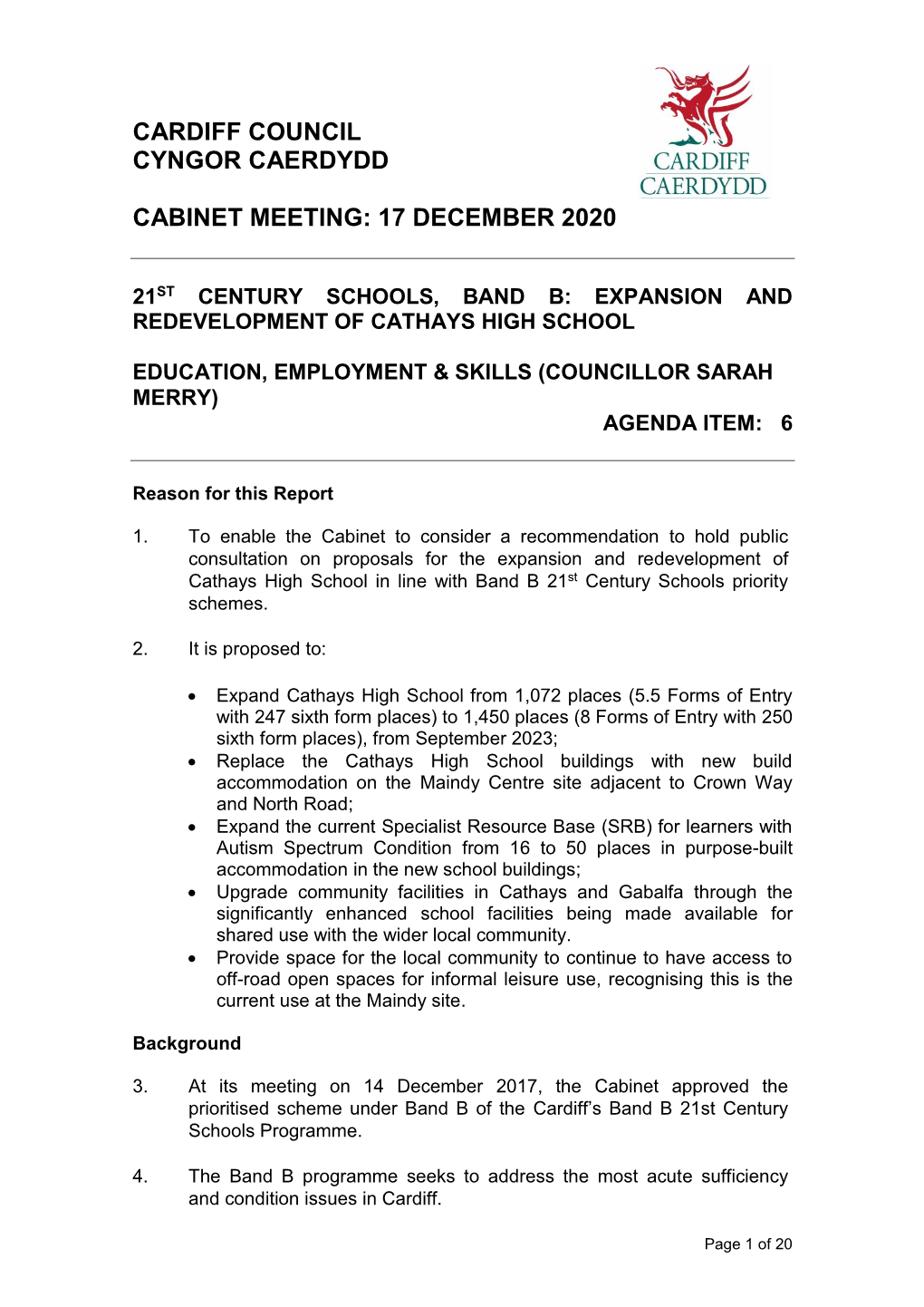 Cardiff Council Cyngor Caerdydd Cabinet Meeting: 17 December 2020