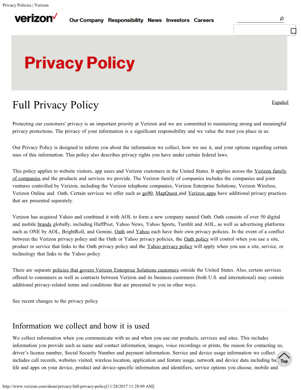 Verizon Privacy Policy