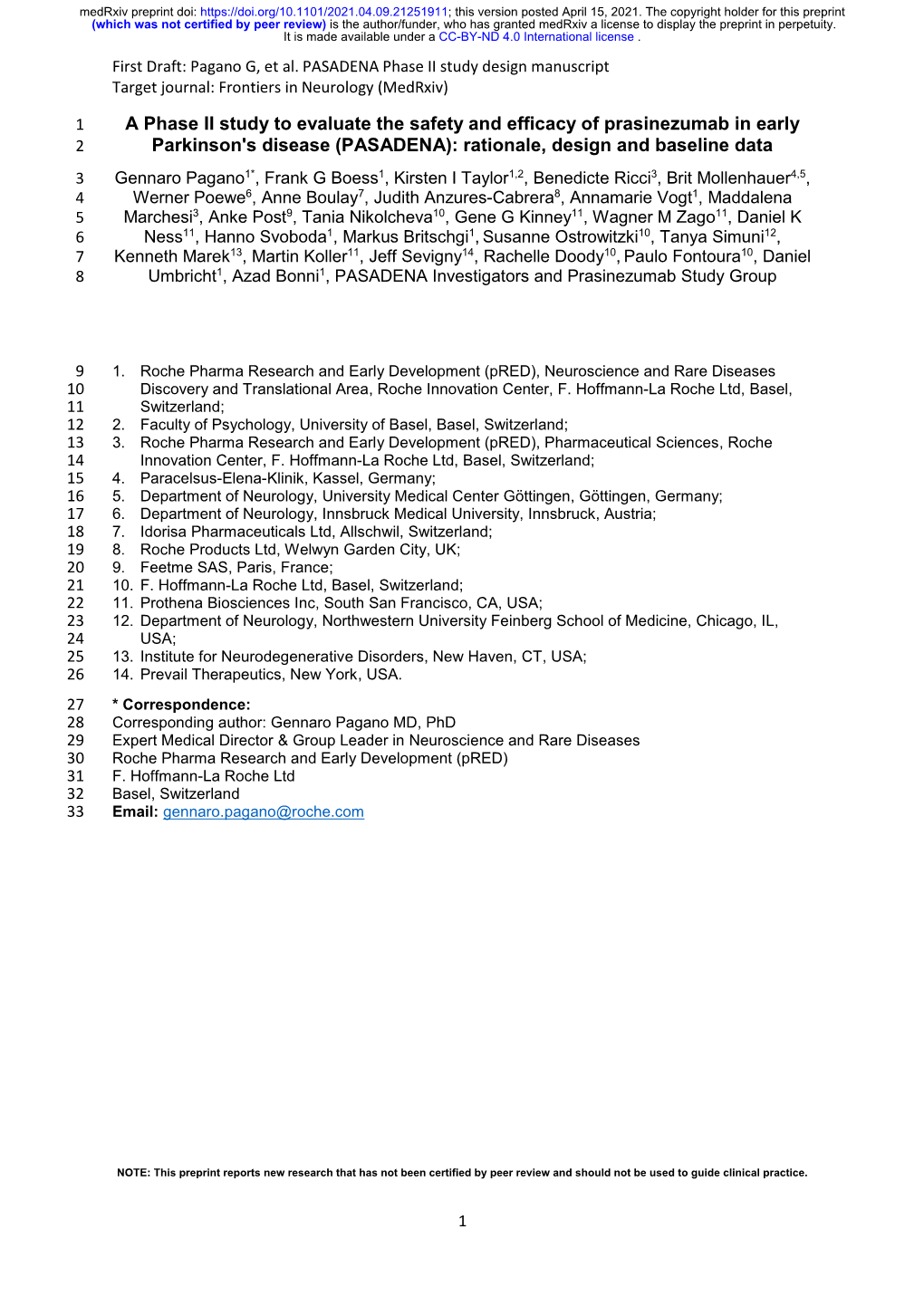 A Phase II Study to Evaluate the Safety and Efficacy of Prasinezumab In