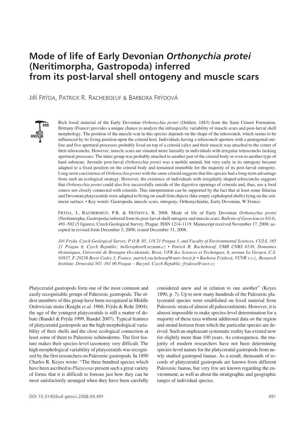 Mode of Life of Early Devonian Orthonychia Protei (Neritimorpha, Gastropoda) Inferred from Its Post-Larval Shell Ontogeny and Muscle Scars