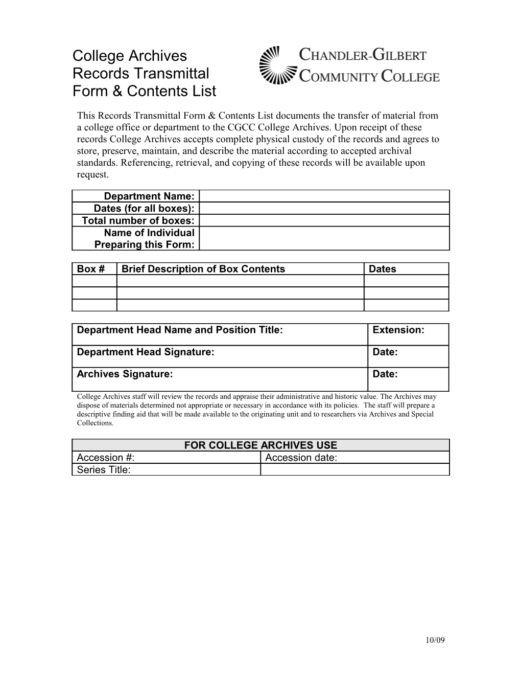 CGCC College Archives Records Transmittal Form/Folder List 2